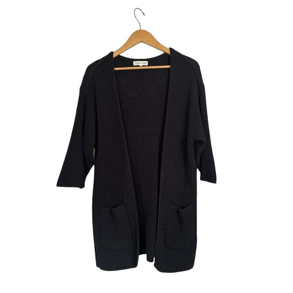 Lou & Grey for LOFT Women Ribbed Knit Open Front Cardigan Sweater Size XL Black